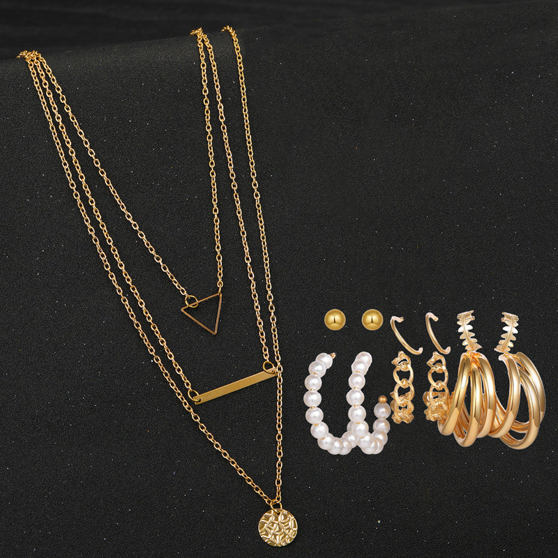 Arihant Gold Plated Layered Necklace and Gold Plated Set of 6 Contemporary Studs and Hoop Earrings Combo For Women and Girls