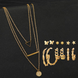Arihant Gold Plated Layered Necklace and Gold Plated Set of 6 Contemporary Studs and Hoop Earrings Combo For Women and Girls