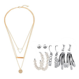 Arihant Gold Plated Layered Necklace and Silver Plated Set of 6 Contemporary Studs and Hoop Earrings Combo For Women and Girls