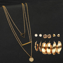 Arihant Gold Plated Layered Necklace and Gold Plated Set of 6 Contemporary Studs and Hoop Earrings Combo For Women and Girls
