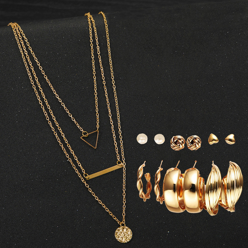 Arihant Gold Plated Layered Necklace and Gold Plated Set of 6 Contemporary Studs and Hoop Earrings Combo For Women and Girls