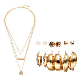 Arihant Gold Plated Layered Necklace and Gold Plated Set of 6 Contemporary Studs and Hoop Earrings Combo For Women and Girls