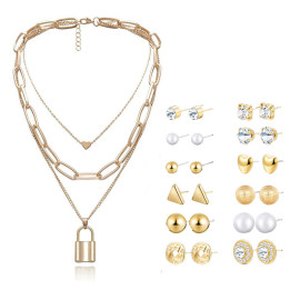 Arihant Gold Plated Layered Necklace and Gold Plated Set of 12 Contemporary Stud Earrings Combo For Women and Girls