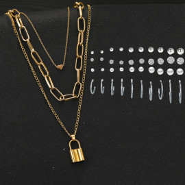 Arihant Gold Plated Layered Necklace and Silver Plated Set of 20 Contemporary Studs and Hoop Earrings Combo For Women and Girls