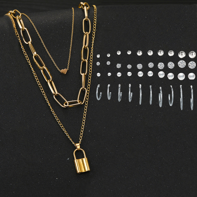 Arihant Gold Plated Layered Necklace and Silver Plated Set of 20 Contemporary Studs and Hoop Earrings Combo For Women and Girls