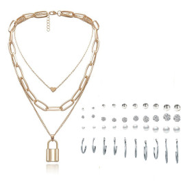 Arihant Gold Plated Layered Necklace and Silver Plated Set of 20 Contemporary Studs and Hoop Earrings Combo For Women and Girls