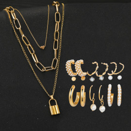 Arihant Gold Plated Layered Necklace and Gold Plated Set of 9 Contemporary Studs and Hoop Earrings Combo For Women and Girls