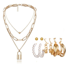 Arihant Gold Plated Layered Necklace and Gold Plated Set of 6 Contemporary Studs and Hoop Earrings Combo For Women and Girls