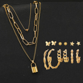 Arihant Gold Plated Layered Necklace and Gold Plated Set of 6 Contemporary Studs and Hoop Earrings Combo For Women and Girls