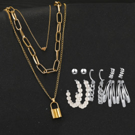 Arihant Gold Plated Layered Necklace and Silver Plated Set of 6 Contemporary Studs and Hoop Earrings Combo For Women and Girls