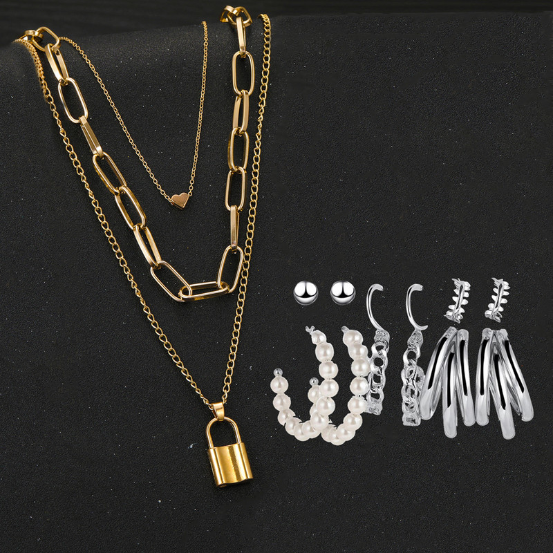 Arihant Gold Plated Layered Necklace and Silver Plated Set of 6 Contemporary Studs and Hoop Earrings Combo For Women and Girls