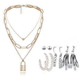 Arihant Gold Plated Layered Necklace and Silver Plated Set of 6 Contemporary Studs and Hoop Earrings Combo For Women and Girls