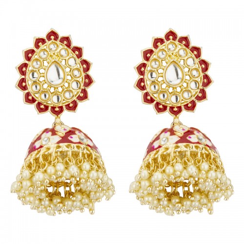 Arihant Gold Plated Pearl studded Red Jhumki Earri...