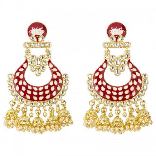 Arihant Gold Plated Pearl studded Red Chandbalis 4...
