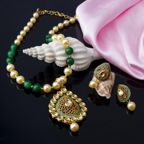 Arihant Green GP Kundan studded Pearl Necklace Set...