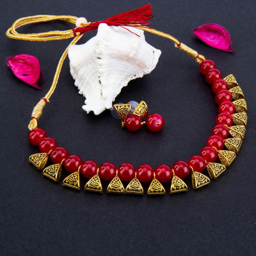 Arihant Gold-Toned GP Red Pearl Necklace Set 44042