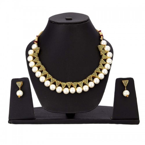Arihant Gold-Toned GP White Pearl Necklace Set 44044