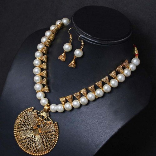 Arihant Gold-Toned GP White Pearl Necklace Set 44046