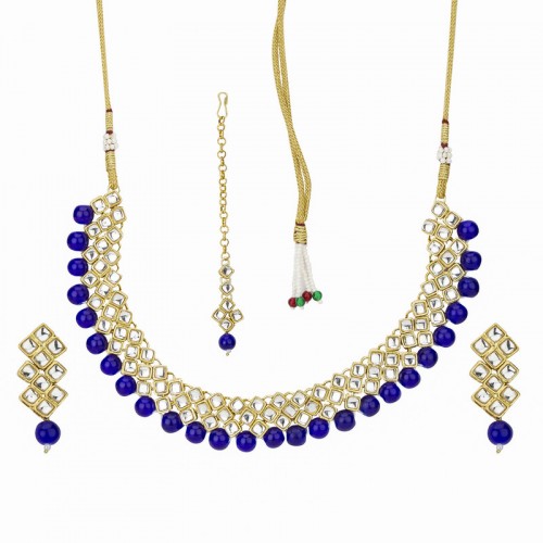 Arihant Gold Plated Kundan Studded Blue Necklace S...