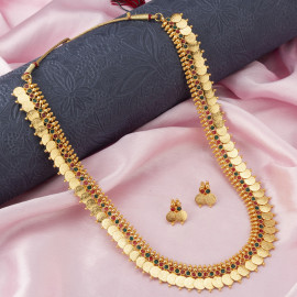 Arihant Red & Green Gold Plated Stone Studded Coin Jewellery Set 44142
