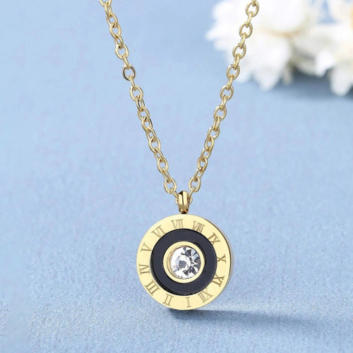 Arihant Gold Plated Stainless Steel Roman Numerals Black Circular Pendant with Cubic Zirconia