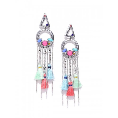 Arihant Silver-Toned & Blue Handcrafted Tasselled Contemporary Drop Earrings 35078