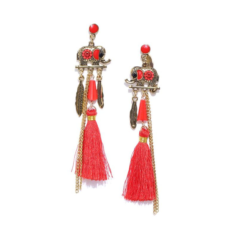 Arihant Antique Gold-Plated & Red Handcrafted Tasselled Contemporary Drop Earrings 35079