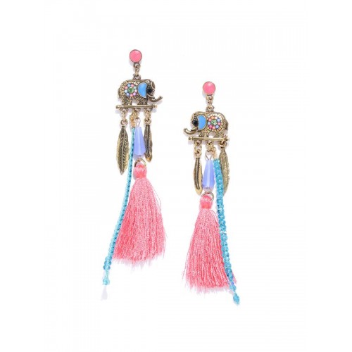 Arihant Pink & Blue Antique Gold-Plated Handcrafted Contemporary Drop Earrings 35082