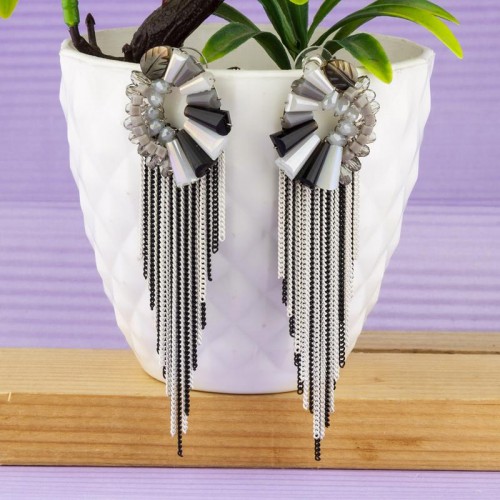 Arihant Grey And Black Silver Plated Handcrafted Tassel Earrings 35151