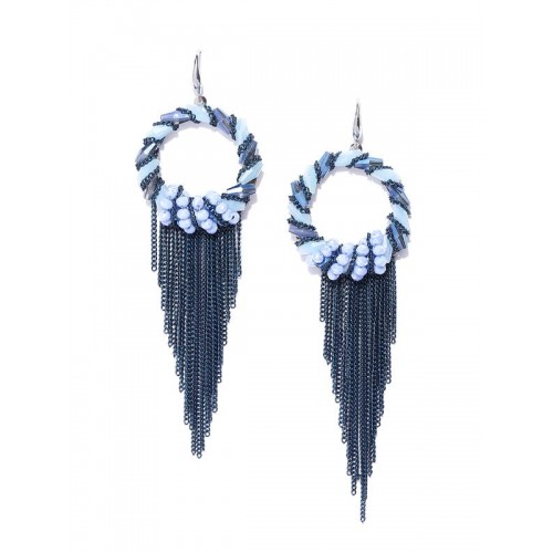 Teal Blue Silver-Plated Circular Tasselled Handcrafted Drop Earrings 35172