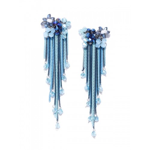 Blue Silver-Plated Tasselled Contemporary Drop Earrings 35176