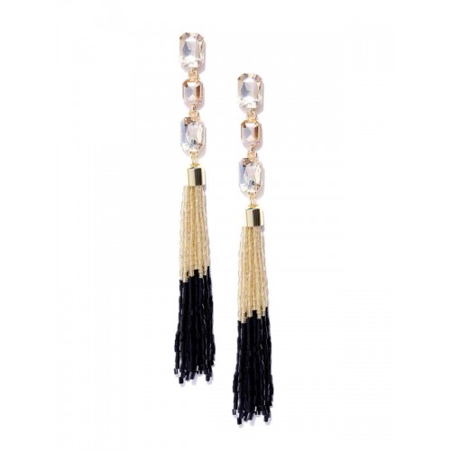 Black Gold-Plated Stone-Studded Handcrafted Tasselled Drop Earrings 35204