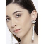 White Gold-Plated Stone-Studded Handcrafted Tasselled Floral Drop Earrings 35216