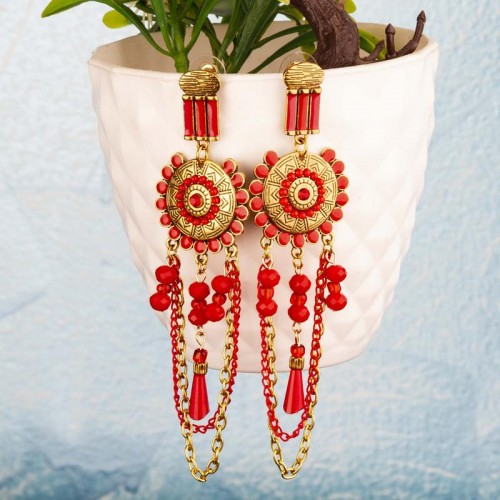 Arihant Red Antique Beaded Handcrafted Drop Earrin...