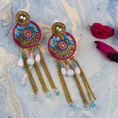 Arihant Pink And Blue Antique Beaded Handcrafted Circular Drop Earrings 35231