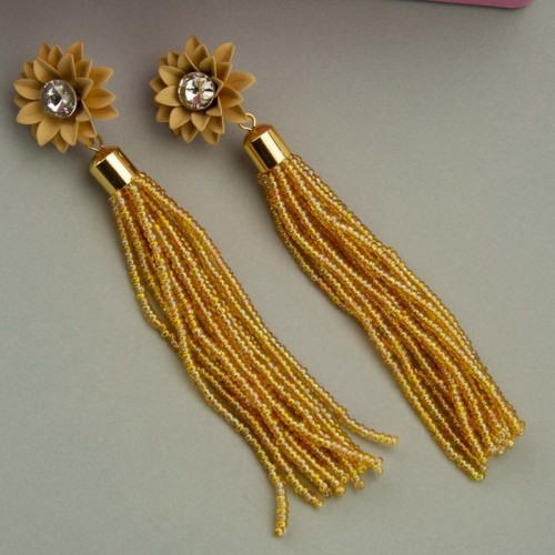 Arihant Beige And Yellow Beaded Tasselled Handcrafted Floral Drop Earrings 35237