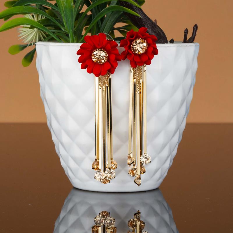 Arihant Red Stone Studded Handcrafted Floral Drop Earrings 35248