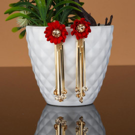 Arihant Red Stone Studded Handcrafted Floral Drop Earrings 35248