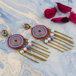 Arihant Pink And Blue Beaded Handcrafted Circular Drop Earrings 35262