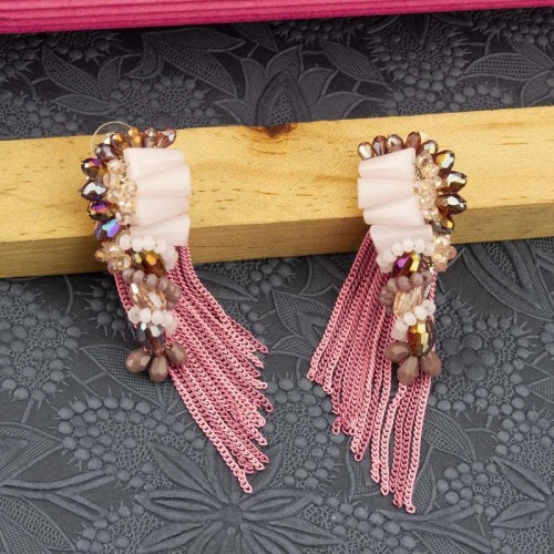 Arihant Pink And Mauve Beaded Tasselled Handcrafted Drop Earrings 35323