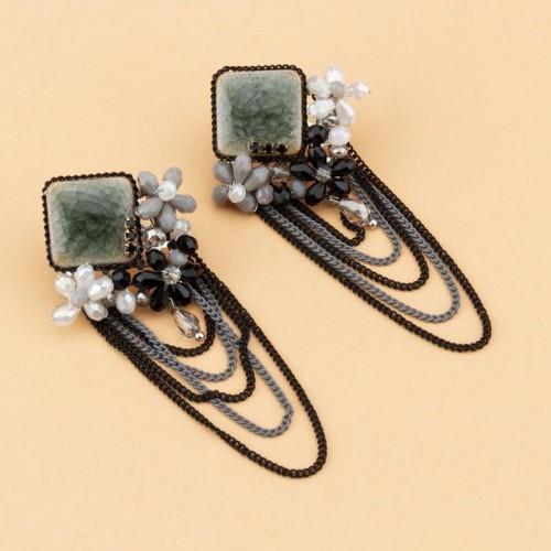Arihant Black And Silver Toned Handcrafted Tasseled Contemporary Drop Earrings 35337