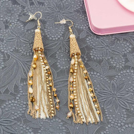 Arihant Beige Beaded Tasselled Handcrafted Drop Earrings 35344