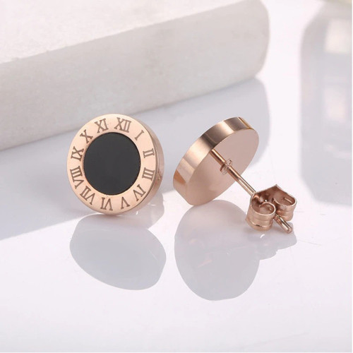 Arihant Stainless Steel Rose Gold Plated Roman Numerals Black Center Stud Earrings