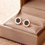 Arihant Stainless Steel Rose Gold Plated Roman Numerals Black Center Stud Earrings