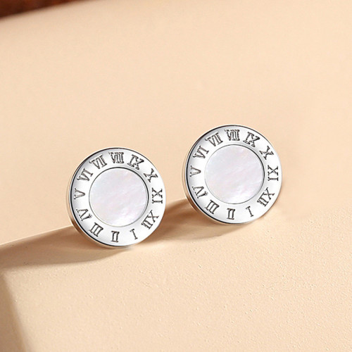 Arihant Stainless Steel Silver Plated Roman Numerals White Center Anti Tarnish Stud Earrings