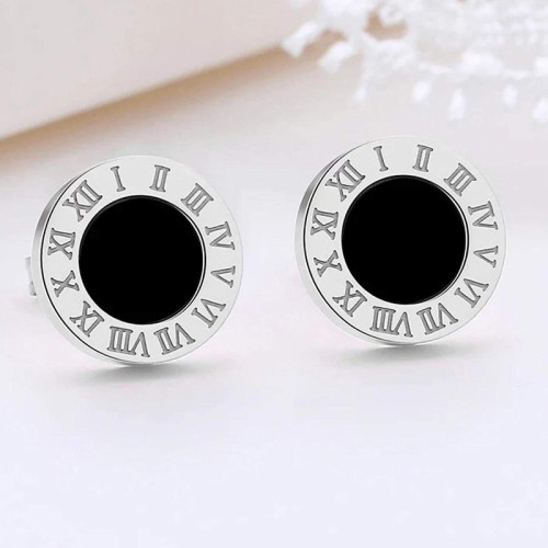 Arihant Stainless Steel Silver Plated Roman Numerals Black Center Anti Tarnish Stud Earrings