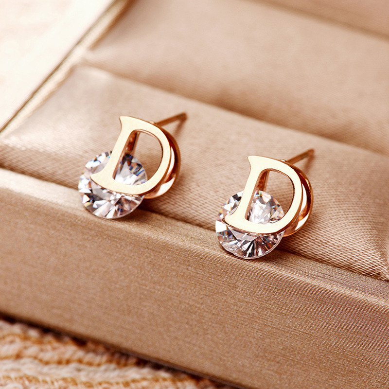 Arihant Rose Gold Plated Stainless Steel CZ studded Alphabetical Letter "D" Stud Earrings