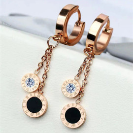 Arihant Rose Gold Plated Stainless Steel Circular CZ Studded Roman Numerals Dual Drop Earrings