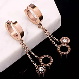 Arihant Rose Gold Plated Stainless Steel Circular CZ Studded Roman Numerals Dual Drop Earrings