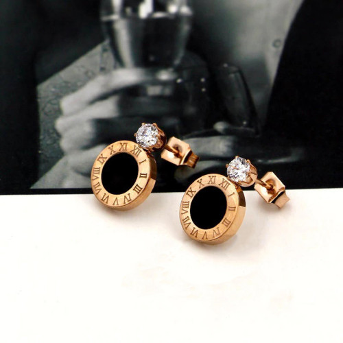 Arihant Rose Gold Plated Stainless Steel CZ Studded Black Center Roman Numerals Stud Earrings